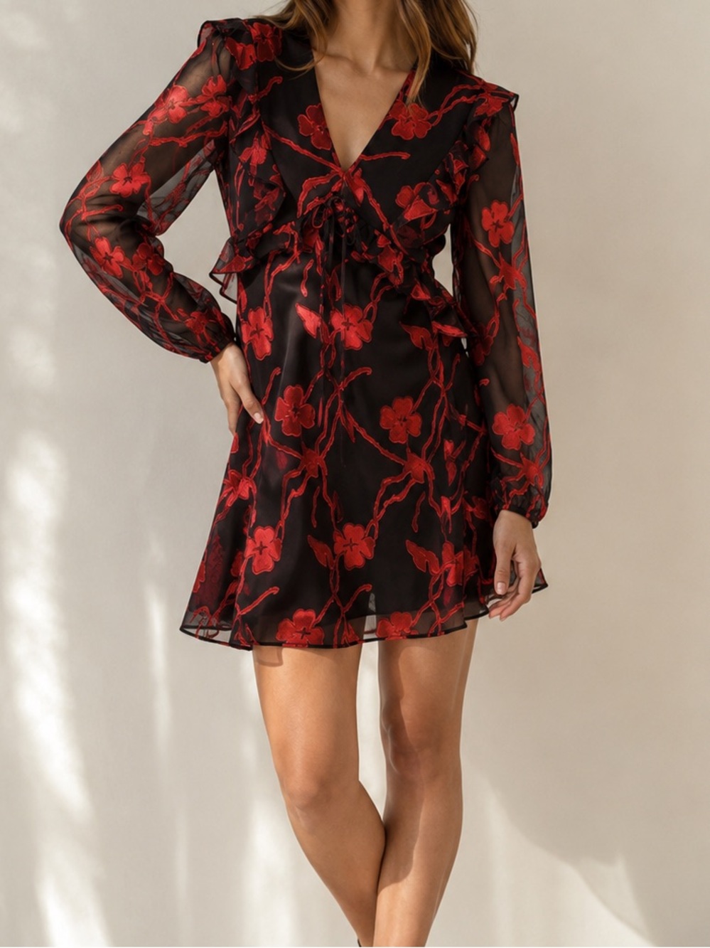 Kensie Black Mini Dress with Red Floral Embroidery